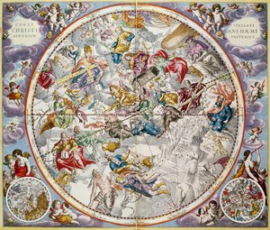 Karta över de kristna konstellationerna som avbildats av Julius Schiller, från puben "The Celestial Atlas, or The Harmony of the Universe" (Atlas coelestis seu harmonia macrocosmica). av Joannes Janssonius, A